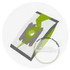 A graphic illustration of a vacuum cleaner bag with text highlighting its features. Produktbild-Vorschau
