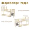 Two configurations of a wooden bunk bed with stairs, shown against a white background. Text indicates assembly options. Produktbild-Vorschau
