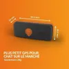 A product shot of a small GPS tracker for cats, with dimensions and weight highlighted. Produktbild-Vorschau