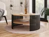 A round coffee table with a wooden top and black metal slatted sides, placed on a rug in a living room setting. Náhled obrázku produktu
