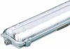 A close-up, angled shot of a waterproof LED light fixture with two LED tubes inside, set against a white background. Produktbild-Vorschau