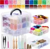 A clear, well-lit product shot of a 3-tier storage container filled with colorful wool roving, along with various felting tools and accessories, presented on a white background. Produktbild-Vorschau