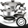 A collection of stainless steel cookware and a kettle are arranged on a white background. Voir les images du produit