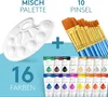 A collection of art supplies including a palette, paint brushes, and tubes of acrylic paint. Produktbild-Vorschau