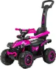 A pink and black ride-on toy quad bike with a push handle, isolated on a white background. Náhled obrázku produktu