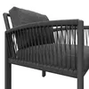 Close-up view of a modern outdoor chair with dark gray cushions and a woven rope backrest. Produktbild-Vorschau