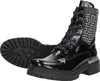 A pair of black patent leather combat boots with a decorative silver pattern on the shaft, shown against a white background. Voir les images du produit