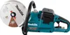 A teal and black Makita battery-powered cut-off saw with a large cutting disc is shown against a white background. Voir les images du produit