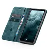 A teal flip-case wallet for a smartphone is shown open, with cards and currency inserted. Produktbild-Vorschau