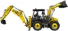 A yellow and black construction vehicle, a backhoe loader, shown from the side. Voir les images du produit