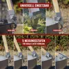Collage showing a tool with a wooden handle and metal attachments being used in different contexts: attached to a grill, stuck in the ground, and in a fire bowl, with additional images demonstrating adjustable angles. Produktbild-Vorschau