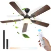 A ceiling fan with lights and remote control, surrounded by flying green leaves. Produktbild-Vorschau