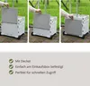 A collage of three images showing a person interacting with a foldable shopping cart, followed by text describing its features. Produktbild-Vorschau