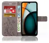 A grey flip case for a smartphone, open to reveal card slots and banknotes, with the phone screen visible. Produktbild-Vorschau