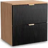 A product shot of a two-drawer nightstand with a wood top and sides, and black fluted drawer fronts with gold handles. Náhled obrázku produktu