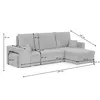 A diagram showing the dimensions of a gray sectional sofa with a sleeping function. Produktbild-Vorschau