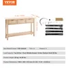 A wooden console table with three rattan drawers and a lower shelf, shown with dimensions and hardware parts. Produktbild-Vorschau