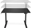 A black adjustable standing desk shown from the front on a white background. The desk is shown in its lowest position, with ghosted images indicating higher positions. Produktbild-Vorschau