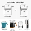 Collage showing different ways a coffee dripper can be used with various cups and a diagram illustrating storage and bracket display. Produktbild-Vorschau