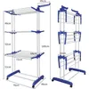 Two views of a blue and silver multi-tiered drying rack with dimensions indicated. Produktbild-Vorschau