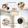 A collage of close-up images showing the details of a crystal ceiling light fixture, with labels pointing to different parts. Produktbild-Vorschau