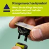 A close-up of a hand holding a Philips OneBlade replacement blade and a part of the device, with instructional text and a symbol in the background. Anteprima dell’immagine prodotto