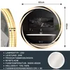 A round LED mirror displayed in a bathroom setting, with close-up detail of the LED strip and product specifications. Anteprima dell’immagine prodotto