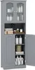 A gray bathroom cabinet with glass doors on top and solid doors on the bottom, filled with various bathroom products. Náhľad obrázku produktu