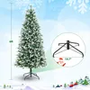 A flocked artificial Christmas tree with a stand and a diagram of the stand's dimensions. Produktbild-Vorschau