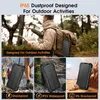 A collage of images showcasing a solar power bank designed for outdoor activities, highlighting its durability and features. Produktbild-Vorschau
