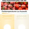 The image displays a comparison of CRI (Color Rendering Index) values for strawberries and demonstrates different color temperatures of light. Produktbild-Vorschau
