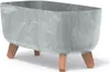 A planter pot with a marble-like gray finish and wooden legs. Náhled obrázku produktu