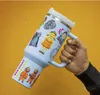 A hand holding a light blue mug decorated with stickers from the TV show Squid Game. Náhled obrázku produktu