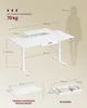 A diagram showing the dimensions and features of a white standing desk, with a silhouette of a person for scale. Produktbild-Vorschau