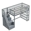 A gray loft bed with stairs and shelves, shown against a white background. Produktbild-Vorschau