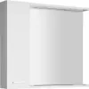 A white bathroom cabinet with a mirrored door and integrated lighting. Produktbild-Vorschau