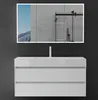 A modern white bathroom vanity with a mirror above it, set against a dark gray wall. Produktbild-Vorschau