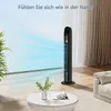 A modern black tower fan is shown in a living room setting, with blue simulated air currents flowing from it. Anteprima dell’immagine prodotto