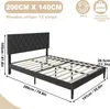 A black bed frame with a diamond-stitched headboard and wooden slats is shown from a diagonal angle. Produktbild-Vorschau