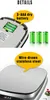 Collage showing details of a digital scale, including battery compartment and material. Produktbild-Vorschau