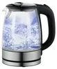 A glass electric kettle with water boiling inside, illuminated by blue LED lights. Podgląd zdjęcia produktu