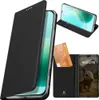 A collage of images showing a black flip phone case with a credit card and a phone inside. Produktbild-Vorschau