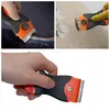 A collage of three images showing a scraper tool being used to remove material from surfaces and a close-up of the tool. Náhled obrázku produktu