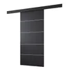 A modern black sliding door with silver horizontal accents, mounted on a black track. Produktbild-Vorschau