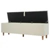 An open storage bench with a beige fabric exterior and wooden legs, shown from a side-angle. Voir les images du produit
