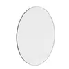 A round, frameless cosmetic mirror with a silver edge, shown against a white background.