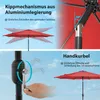 Collage showing features of a red patio umbrella, including its tilting mechanism and crank operation. Voir les images du produit