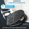 A toilet seat with a textured surface is shown, with a close-up inset highlighting its quick-release mechanism. Text overlays describe features like "Absenkautomatik" (soft-close) and "Schnellverschluss" (quick-release). Produktbild-Vorschau