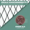 A close-up of a net with a coin to show scale, with text overlays. Produktbild-Vorschau