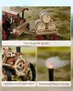 A collage of images showcasing a wooden model steam engine with a trailer carrying barrels, a close-up of the engine's front, and a simulated steam effect. Produktbild-Vorschau